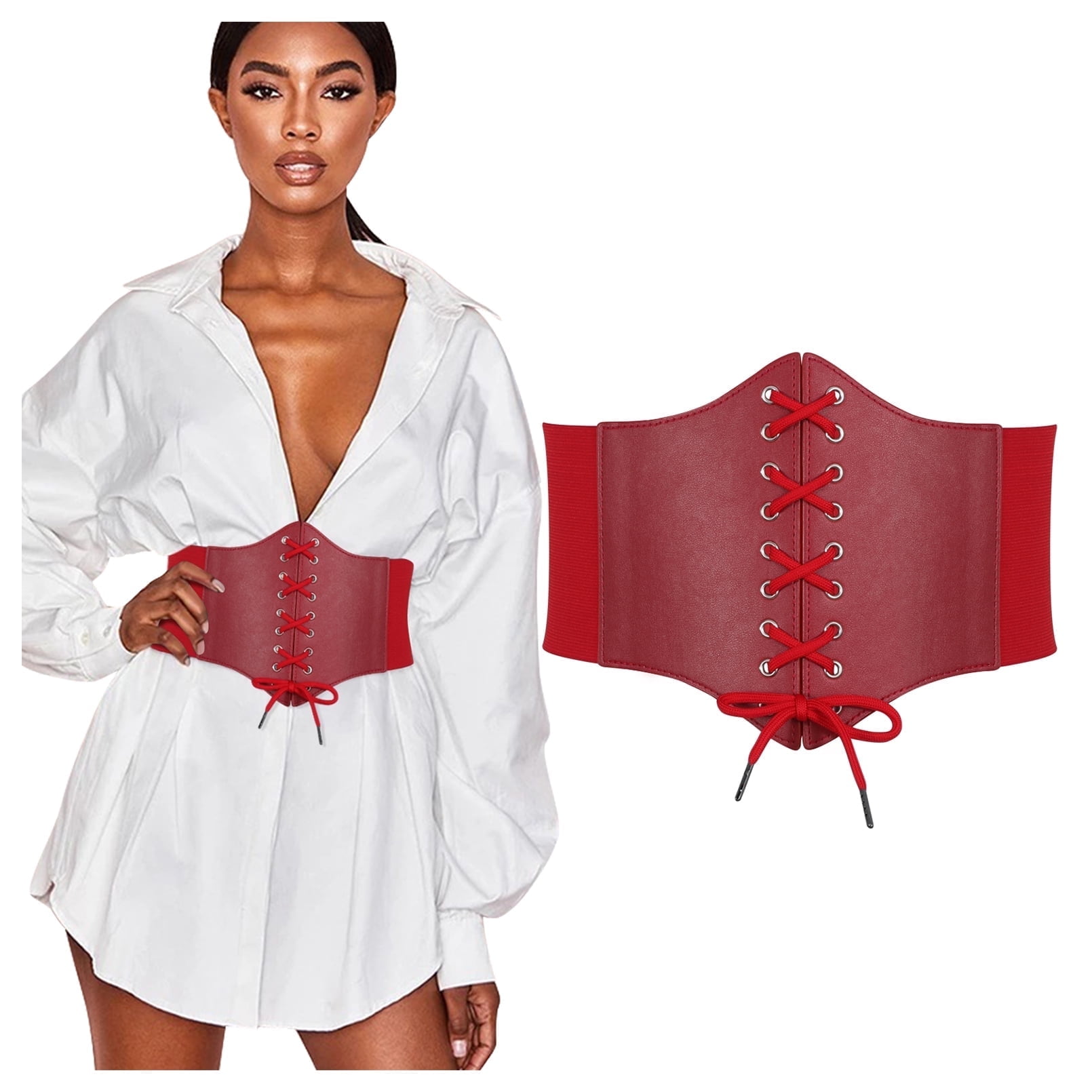 JASGOOD Red Corset Wide Belt for Women Tied Elastic Belts for Ladies Dresses